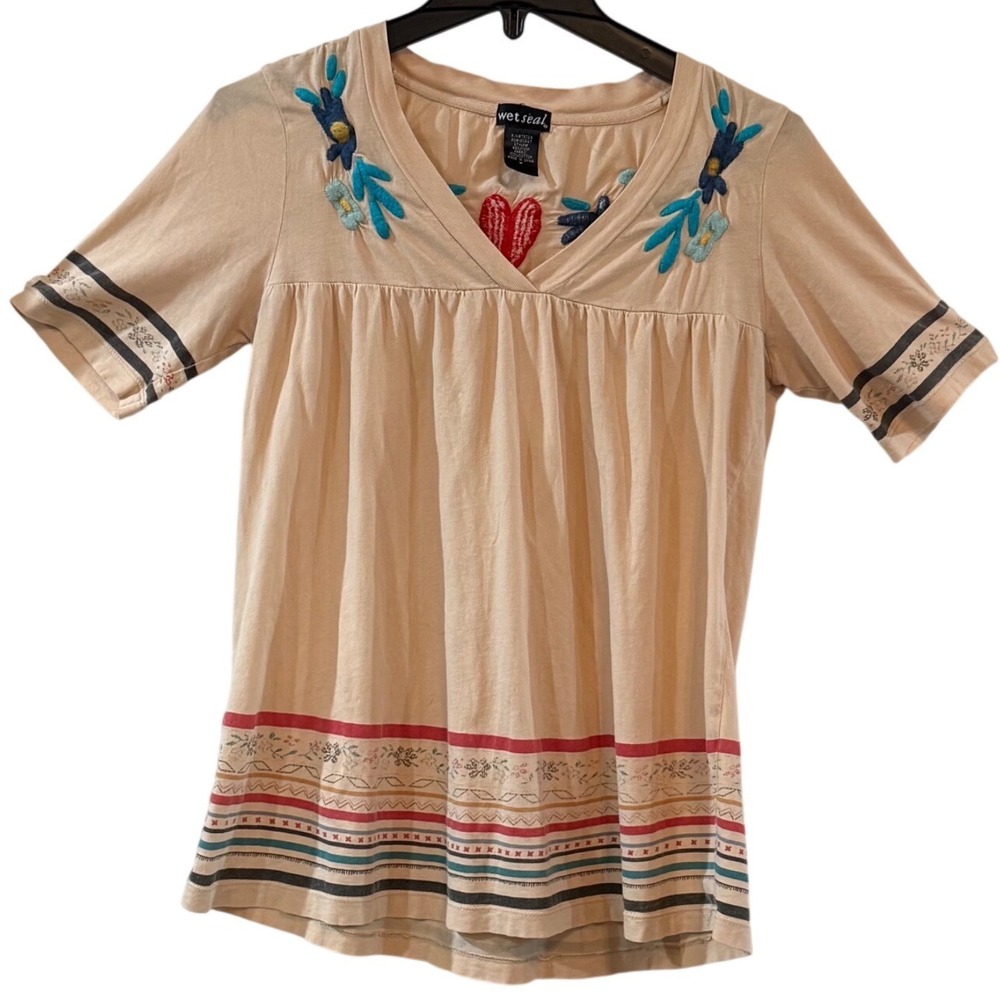 Wet Seal Boho Embroidered Heart Floral Babydoll Top Short Sleeve Womens M Y2K
